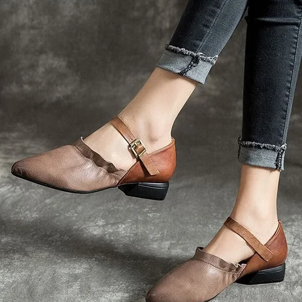 Handmade Retro Leather Pointed Head Pumps Flat Shoes