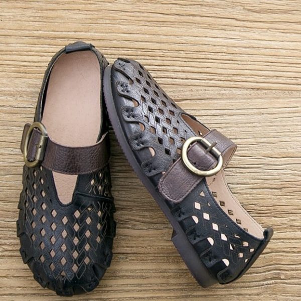 Alternative view of Leather Handmade Hollow Summer Red Shoes Flat Shoes