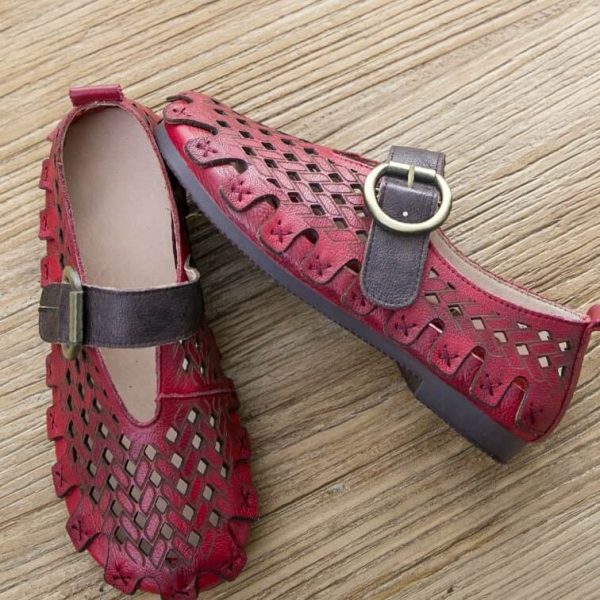 Leather Handmade Hollow Summer Red Shoes Flat Shoes