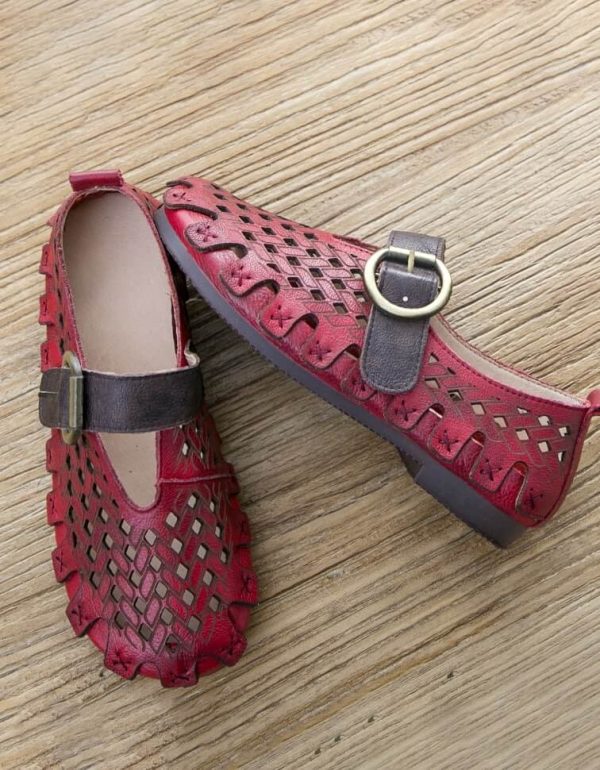 Leather Handmade Hollow Summer Red Shoes Flat Shoes
