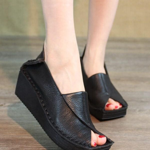 Retro Leather Fish Toe Handmade Flat Shoes Flat Shoes