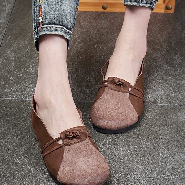Round Head Leather Retro Flats Flat Shoes