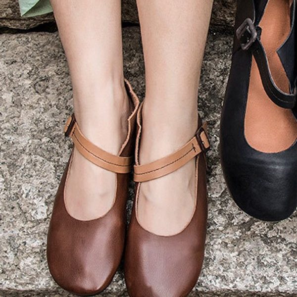 Spring Buckle Simple Retro Leather Flats Flat Shoes