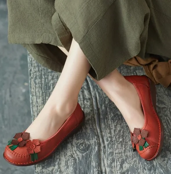 Spring Handmade Soft Leather Flower Retro Flats Flat Shoes