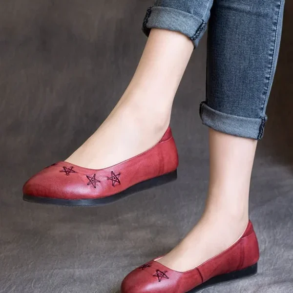 Spring Retro Leather Flats Handmade Pointed Pumps Flat Shoes