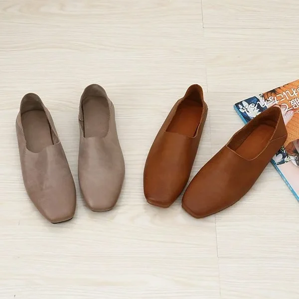 Spring Square HeadWomen Leather Flats Flat Shoes