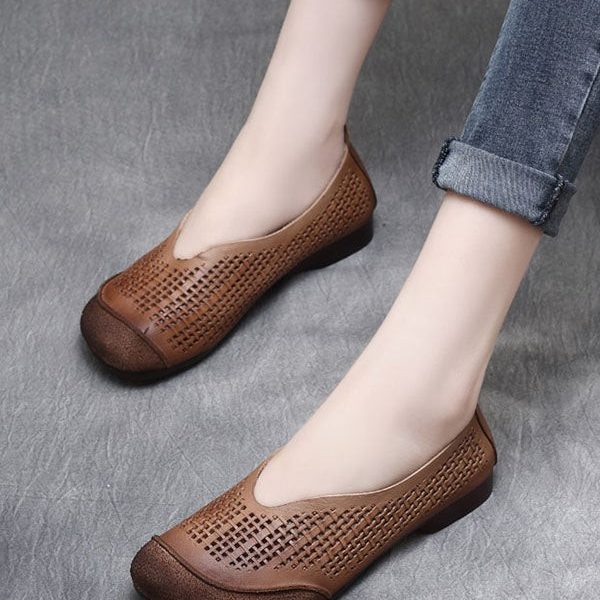 Summer Leather Hollow Perforated Retro Flats Flat Shoes