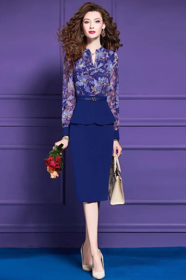 2025 Spring Floral V-Neck Midi Work Dress with Ruffle Hem