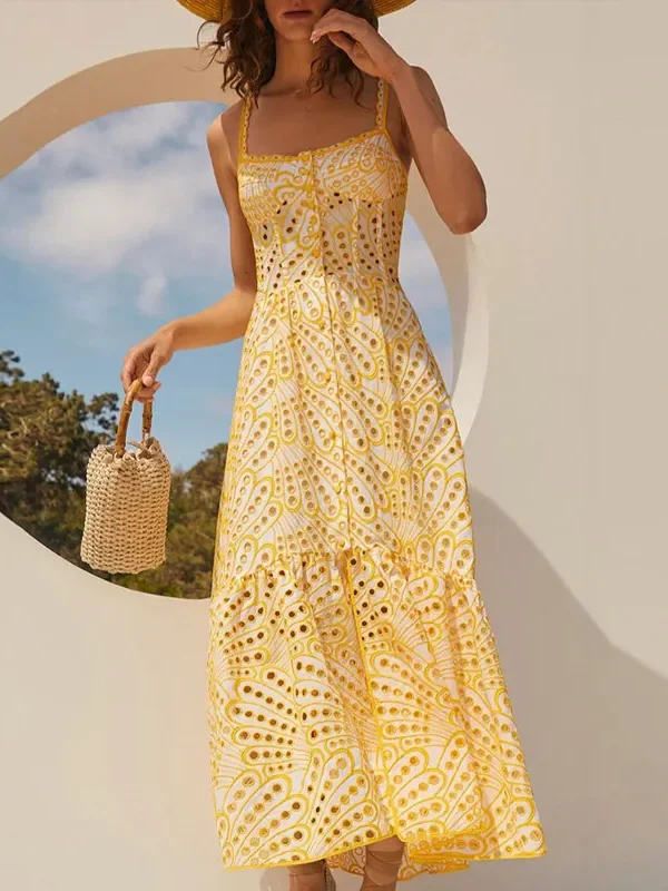 Sleeveless Embroidered Maxi Sundress with Cutout Back
