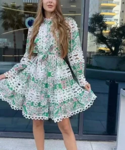 Alternative view of Vintage Lace Patchwork Long Sleeve Mini Dress with High Neck