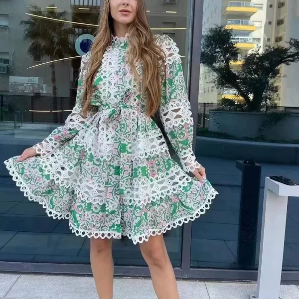 Alternative view of Vintage Lace Patchwork Long Sleeve Mini Dress with High Neck