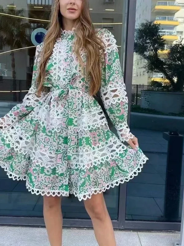 Alternative view of Vintage Lace Patchwork Long Sleeve Mini Dress with High Neck