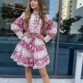 Vintage Lace Patchwork Long Sleeve Mini Dress with High Neck