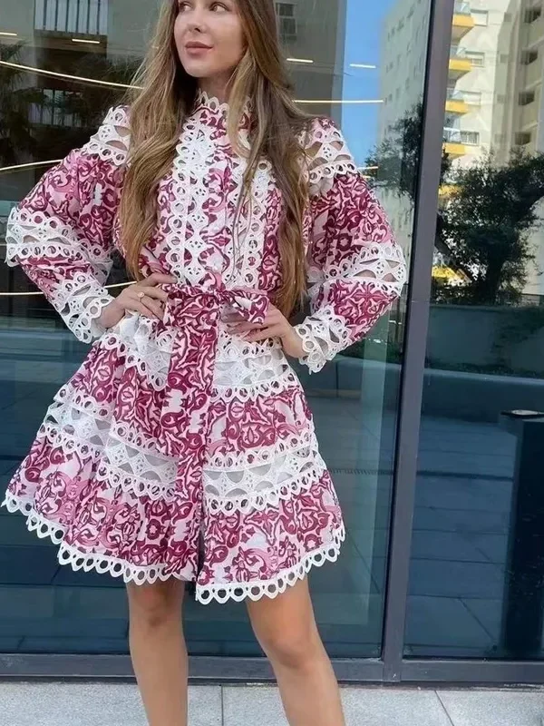 Vintage Lace Patchwork Long Sleeve Mini Dress with High Neck