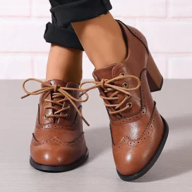 Women Brogue Lace-Up Heeled Shoes Chunky Heel High Heels for Casual Wear