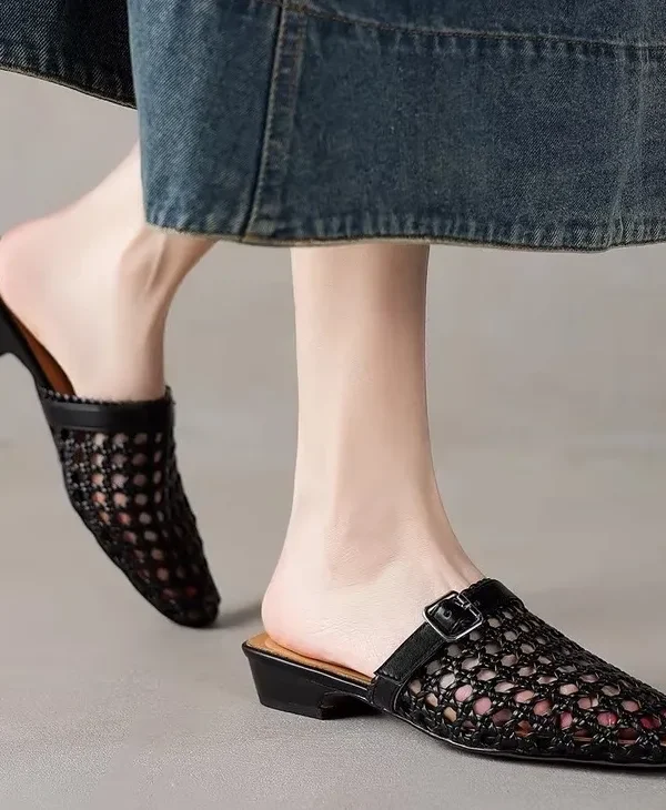 Woven Leather Block Heel Mules Closed Toe Slip On Shoes