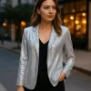 Chic Sequin Blazer Jacket with Suit Collar for Women sliver