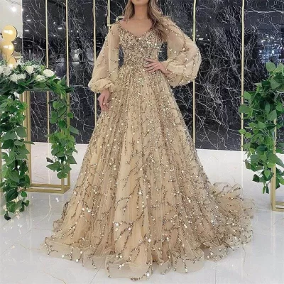 Gold Embellished Sequin Long Gown for Women Elegant Evening Dress