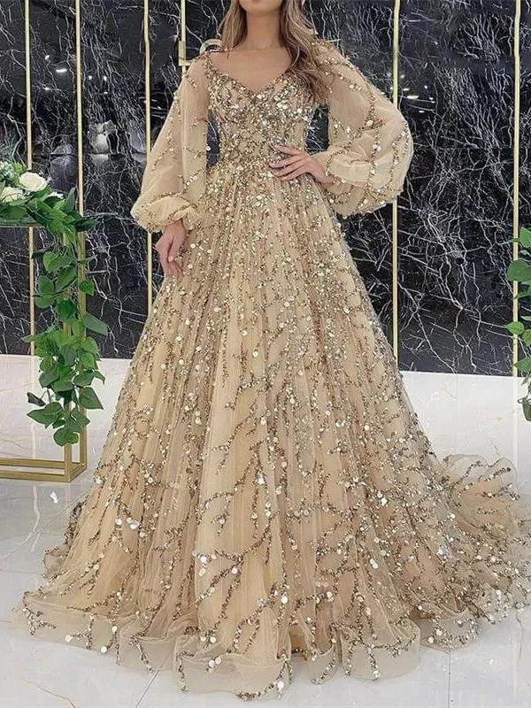 Gold Embellished Sequin Long Gown for Women Elegant Evening Dress
