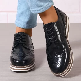 Platform Oxford Shoes for Women Patent Leather Lace Up Brogues