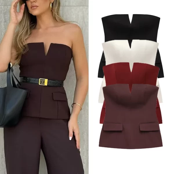 Women Spring Summer Strapless Crop Top Office Lady Style Solid Sleeveless Tee