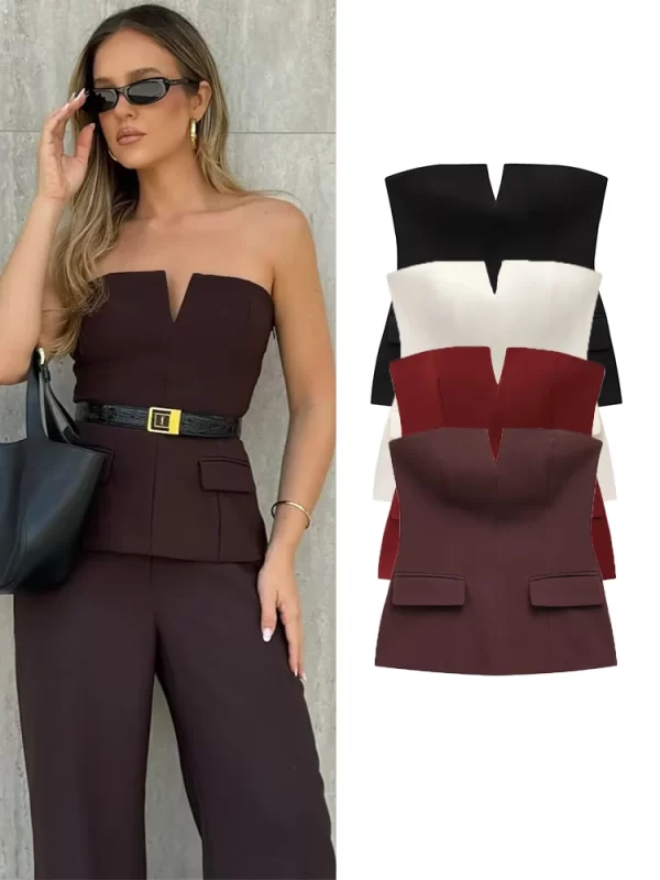Women Spring Summer Strapless Crop Top Office Lady Style Solid Sleeveless Tee