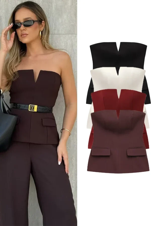 Women Spring Summer Strapless Crop Top Office Lady Style Solid Sleeveless Tee