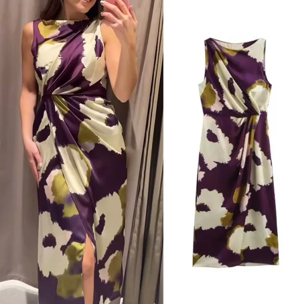 Women Summer Floral Print Sleeveless O Neck Slim Fit Mid Calf Dress