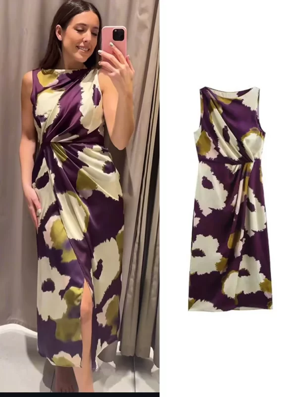 Women Summer Floral Print Sleeveless O Neck Slim Fit Mid Calf Dress