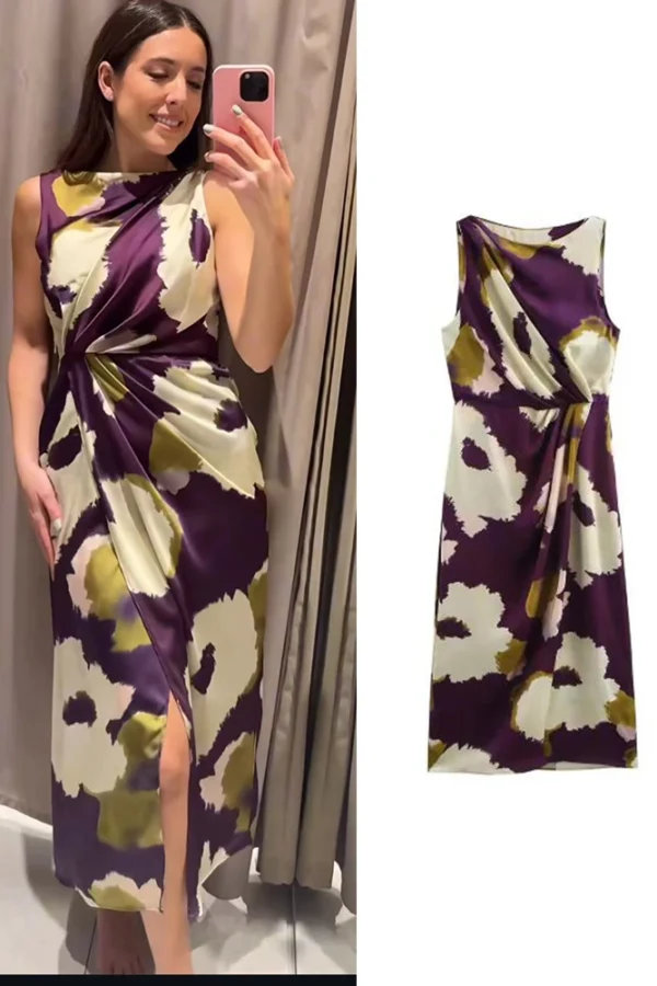 Women Summer Floral Print Sleeveless O Neck Slim Fit Mid Calf Dress