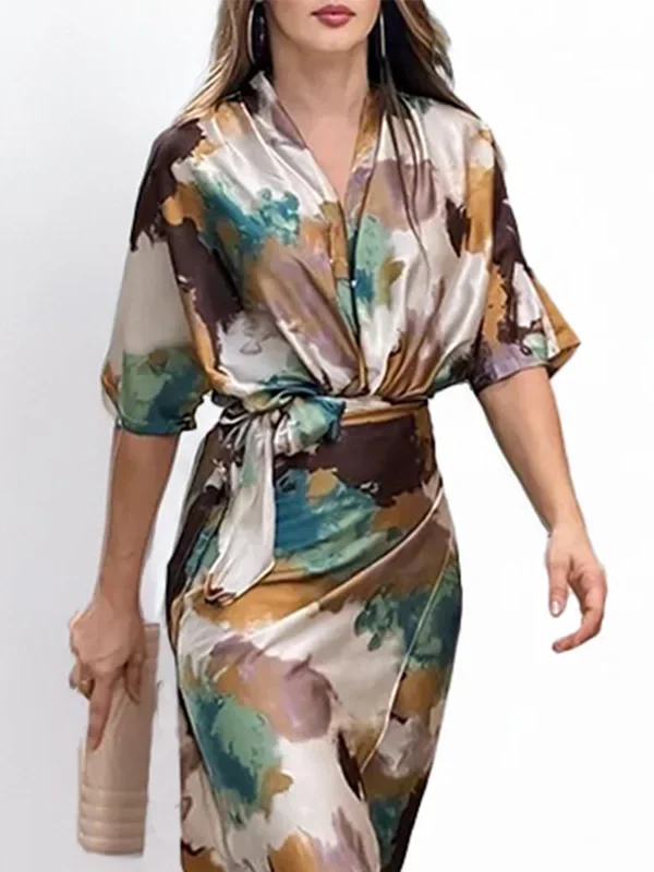 Alternative view of Womens All Season Polyester V Neck A Line Mid Calf Dress with Belt Tie Up