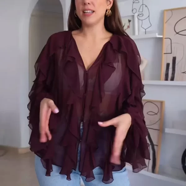 Alternative view of Sexy Women Translucent Ruffles Blouse V Neck Single Breasted Casual Beach Top