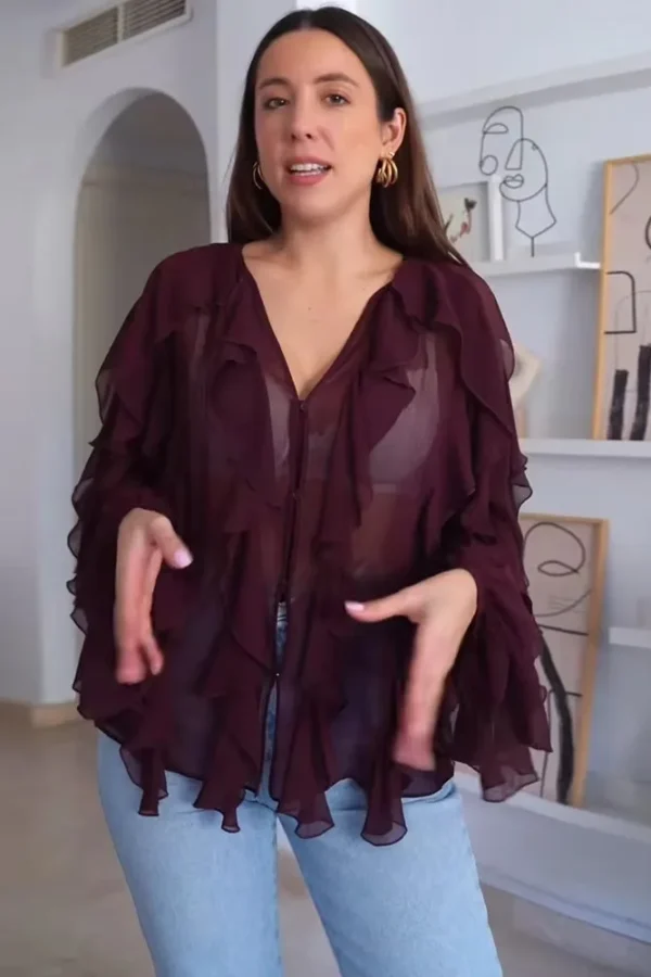 Alternative view of Sexy Women Translucent Ruffles Blouse V Neck Single Breasted Casual Beach Top