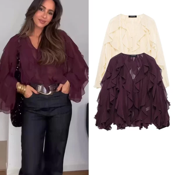 Sexy Women Translucent Ruffles Blouse V Neck Single Breasted Casual Beach Top