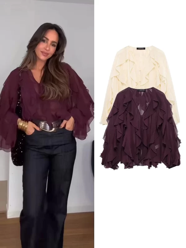 Sexy Women Translucent Ruffles Blouse V Neck Single Breasted Casual Beach Top