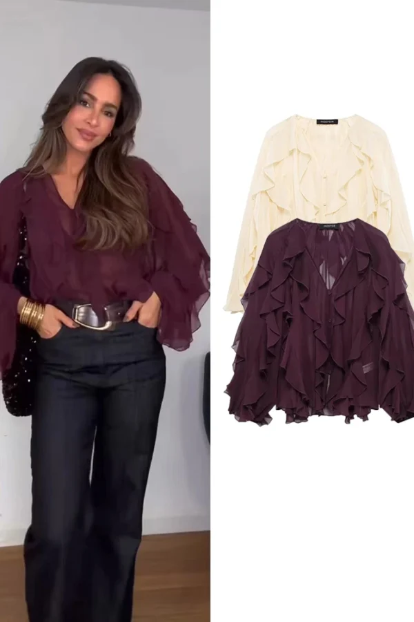 Sexy Women Translucent Ruffles Blouse V Neck Single Breasted Casual Beach Top