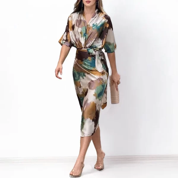Womens All Season Polyester V Neck A Line Mid Calf Dress with Belt Tie Up