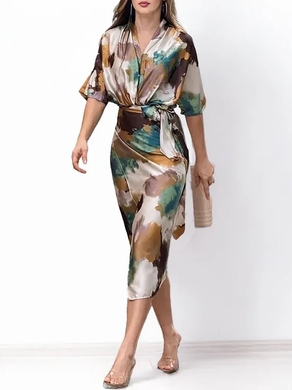 Womens All Season Polyester V Neck A Line Mid Calf Dress with Belt Tie Up