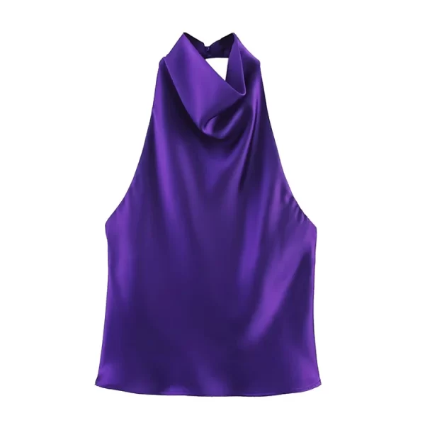 Alternative view of Women Halter Neck Tank Top Spring Summer Backless Solid Casual Polyester Tops