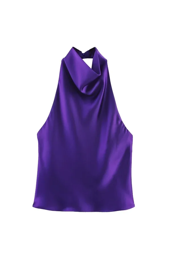 Alternative view of Women Halter Neck Tank Top Spring Summer Backless Solid Casual Polyester Tops