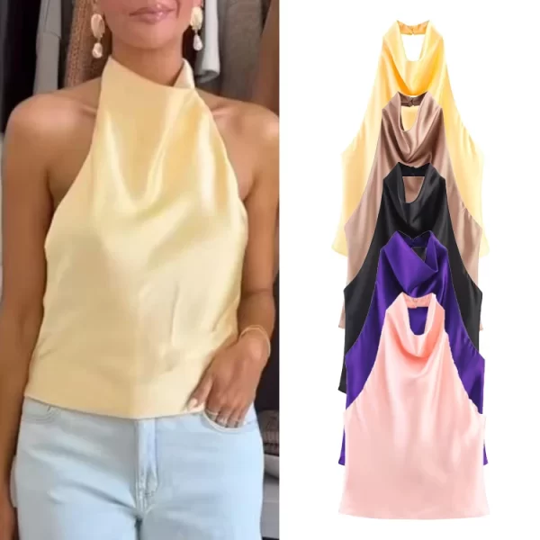 Women Halter Neck Tank Top Spring Summer Backless Solid Casual Polyester Tops