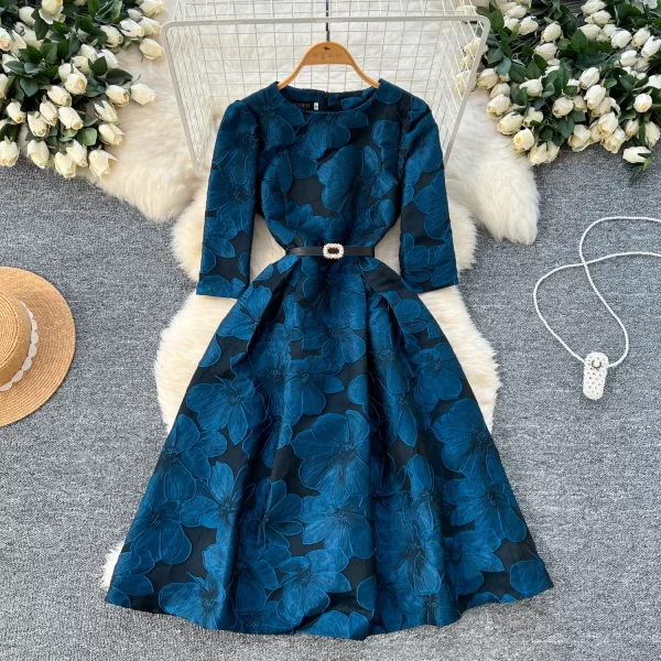 French Fashion Print ONeck ALine Ball Gown Dress Women Vintage Elegant Party