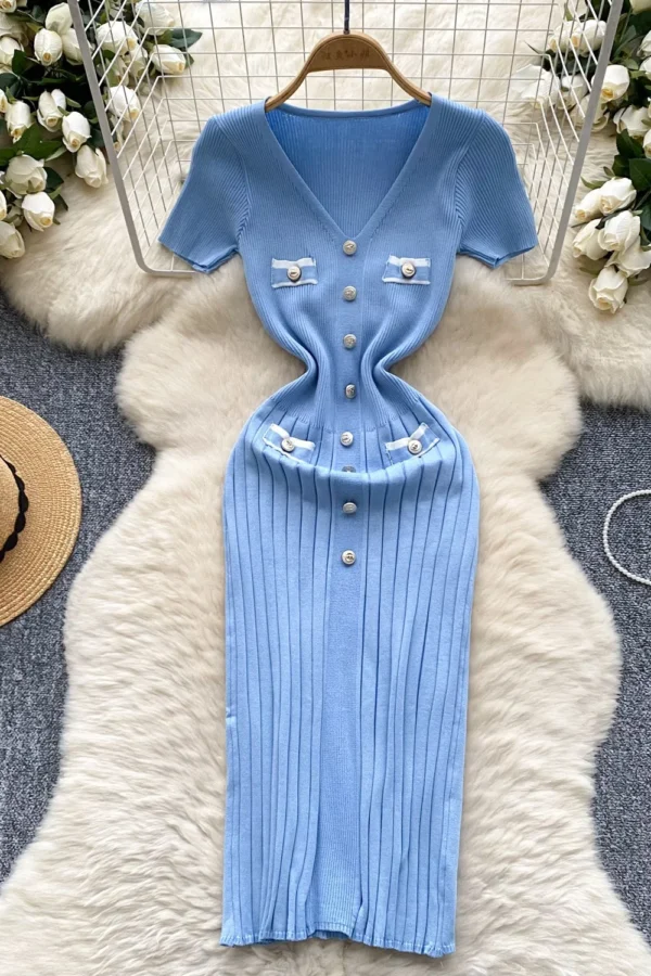 Women V Neck Short Sleeve Knit Bodycon Dress Office Lady Style Knee Length