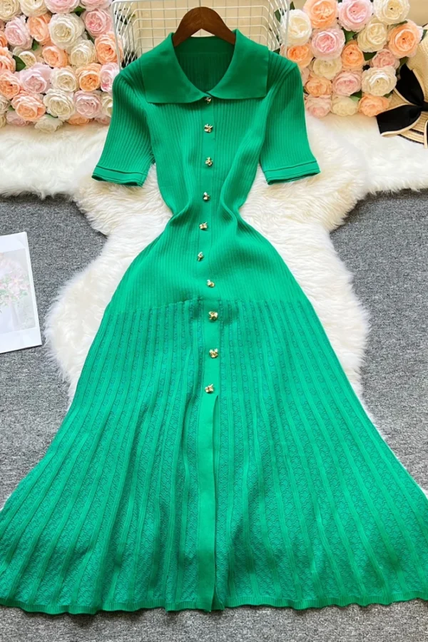 Alternative view of Vintage Knit A Line Maxi Dress with Turn Down Collar and Button Detail