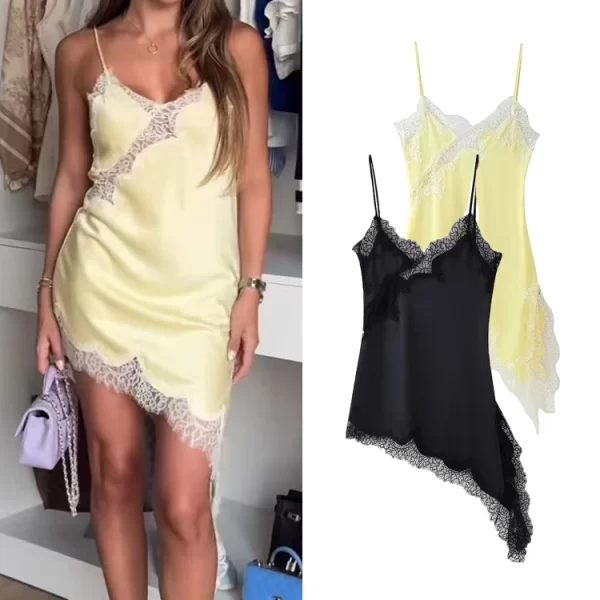 Women's Summer Lace Splice Spaghetti Strap V Neck Slim Knee-Length Dress