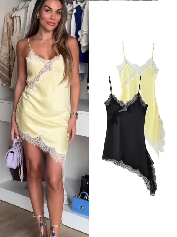 Women's Summer Lace Splice Spaghetti Strap V Neck Slim Knee-Length Dress