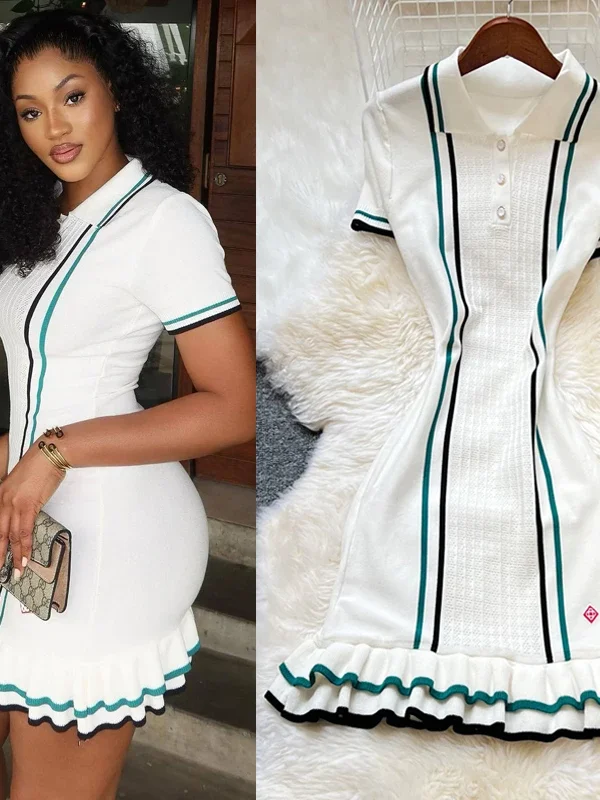 Women Knitted Mini Dress Ruffled Party Streetwear Sheath Outfit