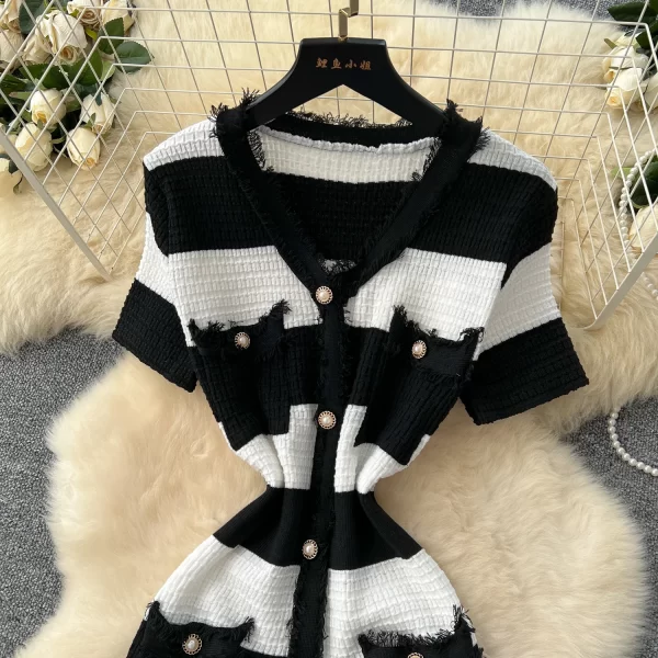 Alternative view of 2025 Spring Summer Knit Striped V Neck Empire Waist Mid Calf Dress