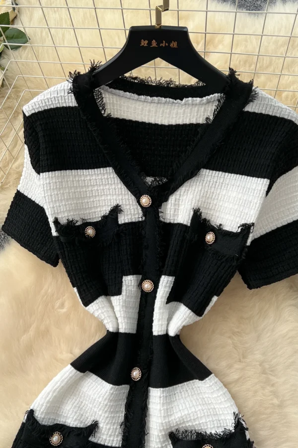 Alternative view of 2025 Spring Summer Knit Striped V Neck Empire Waist Mid Calf Dress