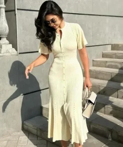 Womens Elegant Knit O-Neck A-Line Dress Short Sleeve Ankle-Length